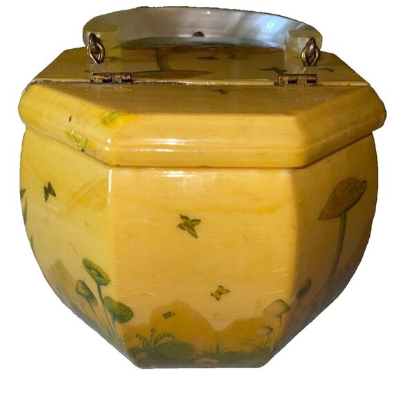 VTG Wood Octagon Decoupage Art Anton Pieck Box Purse Bag Lucite Mushroom Yellow - Picture 5 of 6